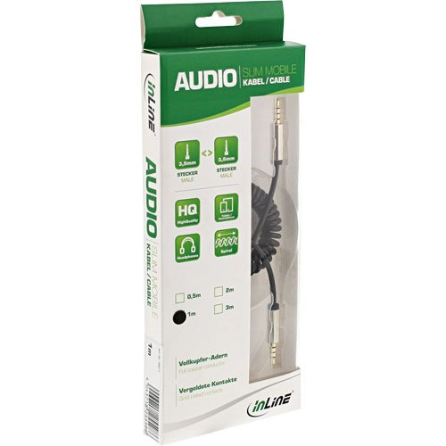 InLine 99274 Slim Audio Spiralkabel Klinke 3,5mm Stecker auf Stecker, 4-polig, Stereo, 0,5m schwarz - 2