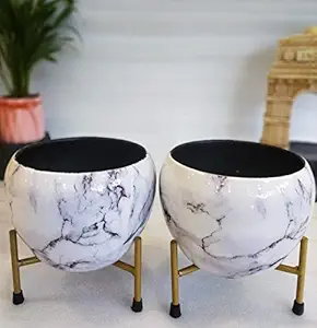 Exotic Green Abstract White Combo Designer Pot with Stand for Indoor Plants | Beautiful Metal Planters for Living Room and Balcony | Modern Design Table Top Flower Plant Pots I (2 Pcs Combo)