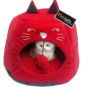 Picckola International Small Cat House for Kittens and Small Puppy House Soft Warm Rabbit Hut Frustum-Shape Guinea Pig Bed Hideout with Removable Cushion (Color- Red, Pack of One)