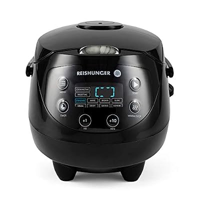 Reishunger Mini cuiseur à riz numérique (0,6l/350W/220V) Multicuiseur avec 8 programmes, noir, technologie 7 phases, minuterie et fonction de maintien au chaud - Du riz pour 3 personnes max.