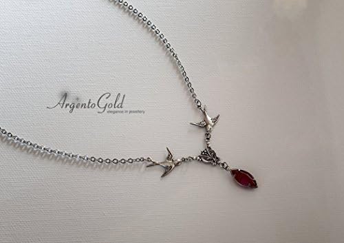 Silver Necklace, Siam Rhinestone, Bird Filigree, Edwardian Necklace, Edwardian Jewellery, UK, Gift, 19 inch, Vintage Jewellery, Pendant,