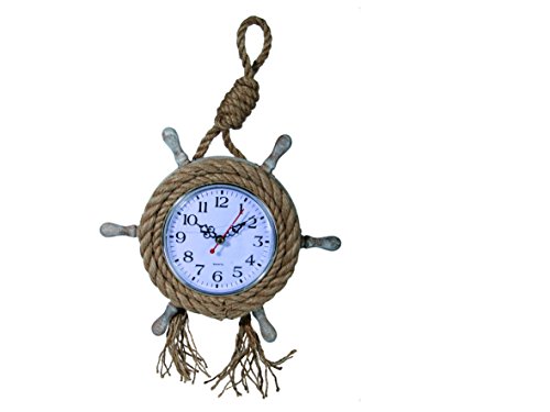 Out of the blue 830310 Runde Holz-Wanduhr, Steuerrad mitJuteaufhängeband, circa 38 x 20 cm, für 1 Mignon Batterie AA