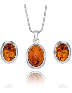 Copal Damen Schmuckset Bernstein Silber 925 Anhänger oval längen-verstellbar Geschenkverpackung, Geschenke für...