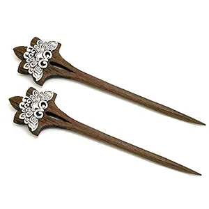 Brown Wooden Hairsticks with Silver Lotus Designs (Pair)
