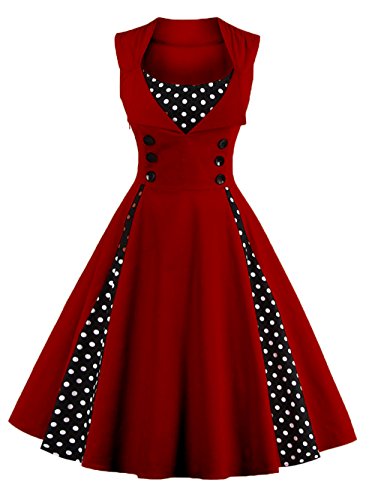 VKStarFemmes des Années 50 Elégantes Robe avec Boutons Vintage Rockabilly Swing Robe de Cocktail Bordeaux M