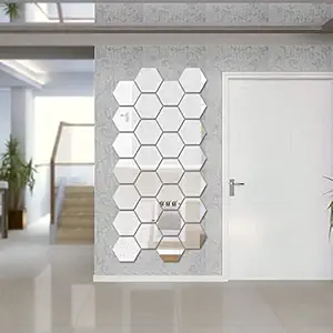 Bikri Kendra Hexagon 3D Acrylic Decorative Mirror Wall Stickers (Silver) - Pack of 10
