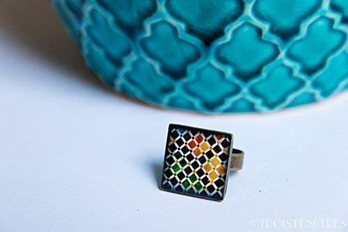 Anillo Alhambra - Mosaico Multicolor - Cerámica Colores Fotografía Resina ecológica 18mm - Regalo mujer - Día de San Valentín - Regalo cumpleaños