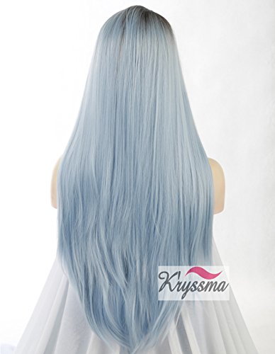 K’ryssma Women’s Straight Blue Ombre Hair Dark Roots Long Synthetic Lace Front Wigs Half Hand Tied Heat Safe 24 inches - 5