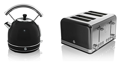 NEW Swan Kitchen Appliance Retro Set - BLACK Digital 20L Microwave, BLACK 1.7 Litre Dome Kettle & BLACK Retro Stylish 4 Slice Toaster Set
