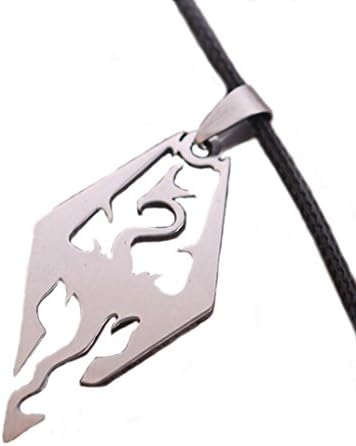 Silver Stainless Steel Pendant for the Elder Scrolls Skyrim Dragon Logo Black Rope Chain