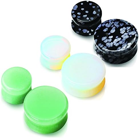 3 Pair of 8g (6 Total) 3mm Obsidian Opalite &amp; Jade Semi Precious Stone Ear Plugs Gauges