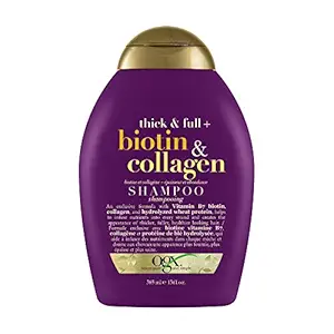 OGX Thick & Full + Biotin & Collagen Volumizing Shampoo for Thin Hair, Thickening Shampoo with Vitamin B7, Collagen & Hydrolyzed Wheat Protein, For Thicker, Fuller, Healthier looking hair, Sulfate Free Surfactant, No Parabens, 385 ml