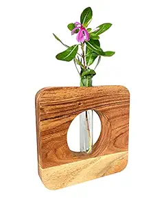 Kraftyhome Wooden vase with Glass Tube | Test Tube Planter Modern Flower Bud Vase with Wood Stand | Tabletop Glass Terrarium for Propagating Hydroponics Plants - 7 inch SQR