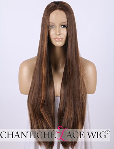 Preisvergleich Produktbild Chantiche Realistic Long Brown Wigs with Highlights Straight Synthetic Lace Front Wig for Women 24 Inches