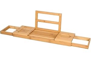 INDA-EXCLUSIV alpina Bandeja Bañera Ajustable - Estanterias Baño 50-92 x 18 x 4 cm - Bandeja Bambú con Soporte para Libros y Soporte para Tableta - Incl. Soportes para Vasos - Mueble Baño