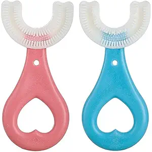 AMINTIRI Kids U-Shaped Toothbrush Teeth Dental Care Hand-Held Version,Food Grade Soft Silicone Brush Head, Manual Whitening 360? Oral Teeth Cleaning Tools For 2-10 Years Mouth-Cleaning(Heart Handle Pack of 2))