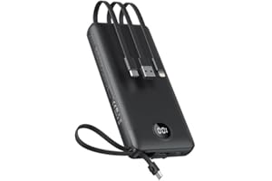 Power Bank 20000mAh, VEEKTOMX Bateria Externa USB C Cargador Portatil con Cables Integrados, 5 Salidas y 2 Entradas Powerbank Compatible con iPhone/Samsung/Huawei/Tableta, Travel Essential, Negro