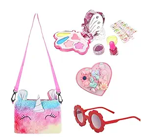 Aashiya trades Kids Makeup Kit for Girls + Unicorn Small Fur sling+1 Sunglasses + 6 Piece Ring Box Girls Bithday gift, Multicolor