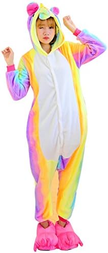 TIAQUE Adults Unicorn Onesie Pyjamas Animal Cartoon Flannel Sleepwear for Women &amp; Men Cosplay Christmas Nightclothes(XL, Rainbow)