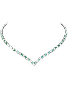 Prizess-Schliff Smaragd und Diamant Damen-Halskette Collier - 43cm - Silber - Weißgold