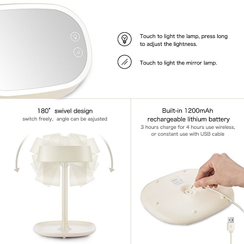 Leichten Makeup Spiegel Kosmetikspiegel, Wiederaufladbar Eitelkeitsspiegel mit Lichtern und Ablage, 3 in 1 Bonusfunktionen die Ihnen als Tischlampe und Nachttischlampe dienen perfekt als Geschenk für Mädchen Tochter Freundin Frau Mama - 6