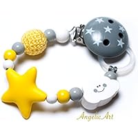 Schnullerkette-ohne-NAMEN für Junge-Mädchen-BEIßSTERN- häckelperle-Lachende WOLKE-Silikonring