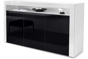 Vladon Sideboard Valencia, Made in Germany, Kommode mit 3 Türen und 1 offenem Fach, Weiß matt/Schwarz Hochglanz/Weiß Hochglanz (155 x 92 x 40 cm)