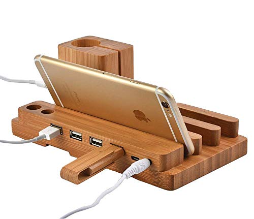 4 in 1 USB Stand Creativo in legno, PhantomSky Qualit à Premium Cover in Bambù / Legno Naturale per il tuo Apple Watch / iPhone / iPad / Android