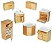 Price comparison product image 7 tlg. Set: Küche / Küchenmöbel aus hellem natur Holz - Miniatur - Schrank + Spühle + Hängeschränke + Herd + Eckschrank + Kühlschrank mit Gefrierfach - Puppenstubenmöbel für Puppenstube Maßstab 1:12 - Puppenhaus Puppenhausmöbel Küche - Puppenstubenmöbel Kirsche