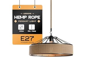 LEDSone Suspension en Corde de Chanvre Industrielle Vintage avec Cage en Fer, Éclairage Rustique de Ferme E27 pour Restaurant, Chambre à Coucher (40 cm, 1 m Corde de Chanvre)