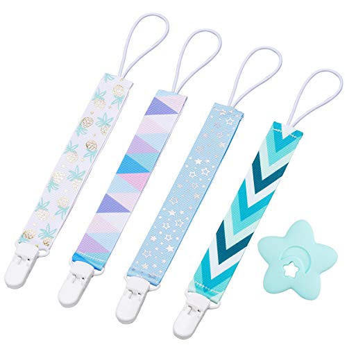 Cadena Chupete para Bebé Chupetero Mordedor de Silicona Soother Cadena de chupete Cuentas masticables Pack 4 Chupeteros de Colores Diferentes (azul)