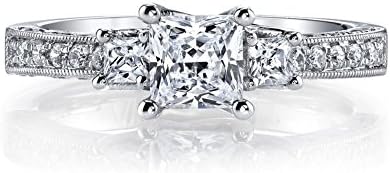 Pretty Jewellery 14k White Gold Over Silver Three Stone Princess &amp; Round Cut Engagement Wedding Ring (W)