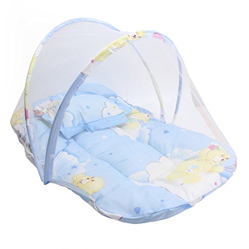 Foldable Baby Canopy Mosquito Anti-Bug Crib Net Tents Bed with Mattress Cushion and Pillow Blue