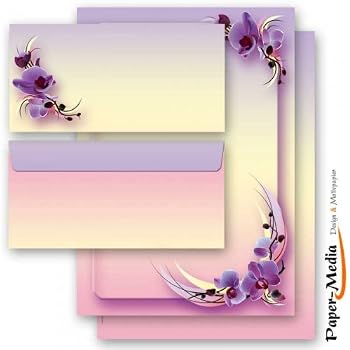 Set Complet De 20 Pièces Fleurs Dorchidées 10 Feuilles De Papier à Lettres Et 10 Enveloppes Din Long Sans Fenêtre