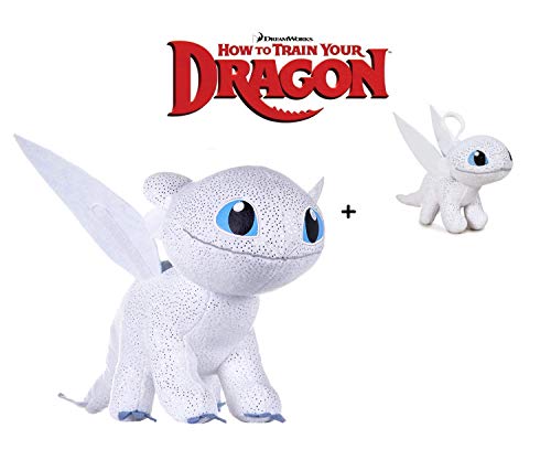 HTTYD Dragons Peluche Drago Furia Buia Bianca Colore Bianco con Brillante qualità Super Soft 11'80"/30cm (40 cm con Coda Inclusa) 760017685 + Portachiavi Light Fury 11cm
