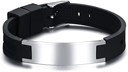 Vnox Men's Personalised Stainless Steel Black Silicone Negative Ion Element Adjustable ID Cuff Bracelet,Free Engraving