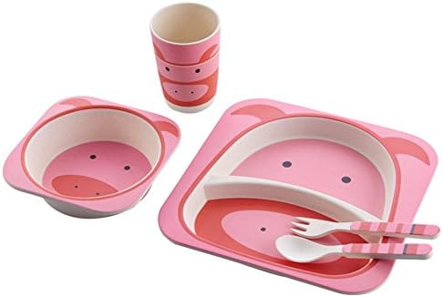 5 Piece Kids Tableware Set Bamboo Fibre Children Dinner Set with Cutlery Cereal Bowl Drinking Cup and Plates (Pig)