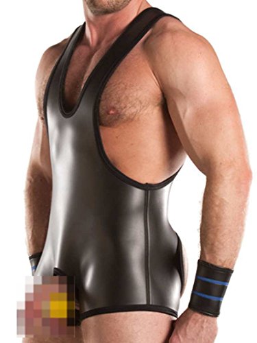 Preisvergleich Produktbild 665 Leather Neoprene Open Crotch Wrestling Singlet Black Medium