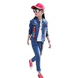 Normaler Bund, Knopfleiste. Stickerei Blumen Mädchen Jeans Anzug Zweiteilig Jeansjacke und Jeanshose Kinder Freizeit Pants Slim Fit Denim Coat Outwear Girl Bikerjacke Chinohose Ripped Cargohose 5-11 Jahre (122 120#)