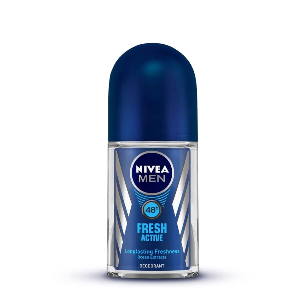NIVEA MEN Fresh Active 50ml Deo Roll On | With Fresh Ocean Extracts| 48 H Freshness| 0% Alcohol | Dermatalogically Approved &