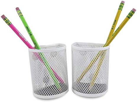 Half Moon Mesh Wire Pen Pencil Holder Magnetic 3.6 x 2.75 Inches White with (2) Yellow Sharpened Pencils (4 Piece Set)