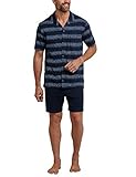 kurzer, dunkelblauer Herren-Pyjama mit hellblau, royalblau, gelb und weiß geringeltem Oberteil aus der SCHIESSER-Serie 