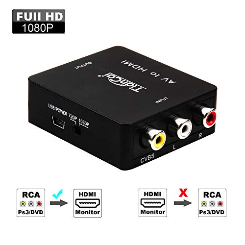 Tiancai RCA to HDMI 1080P Mini RCA Composite CVBS AV to HDMI Video Audio Converter Adapter Supporting PAL/NTSC with USB Charge Cable for PC Laptop PS3 TV STB VHS VCR Camera DVD Players Projector