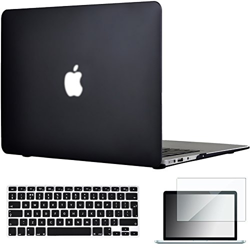 Topideal Schutzhülle, 3 in 1 Gummierte Matte, Seidenmatten, Satins, keramische Elemente, Schutzhülle für MacBook Air 33,8 cm (Modell: A1369 und A1466) + Tastatur-Cover + Displayschutzfolie schwarz EU/UK Keyboard Version