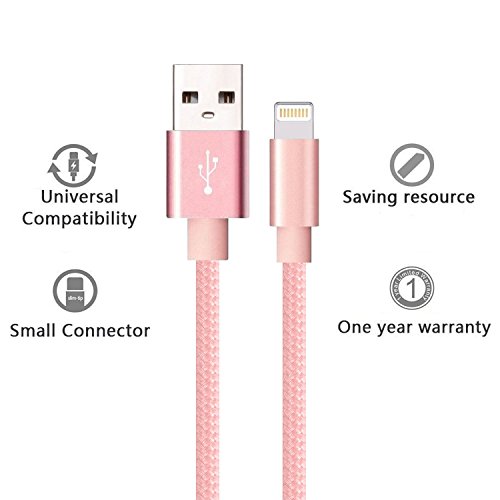 Youer C  ble iPhone Chargeur  3-Pack 1m 2m 3m C  ble Lightning vers USB de Nylon Tress   Robuste avec Connecteur en Aluminium pour Apple iPhone X   8   8 plus   7   7 plus   SE   6s   6s plus   6   6 plus   5s   5 iPad Air iPad mini Rose 