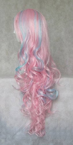 Japanese Anime Wigs @ Lolita Doll 80cm Light Pink and Blue Long Curly + Wigs Cap + Anti-dust Plug Stopper