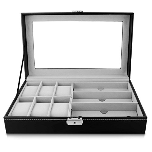 VENKON – 2 in 1 Uhrenbox & Brillenbox mit Schaufenster aus Glas für Aufbewahrung von 6 Uhren & 3 Brillen – Kunstleder Schwarz – 33 x 20 x 8 cm - 5