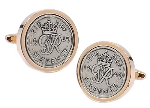 1949 Sixpence Coins Set in a Rose Gold Plate Setting Mens 69 Years Gift Cuff Links