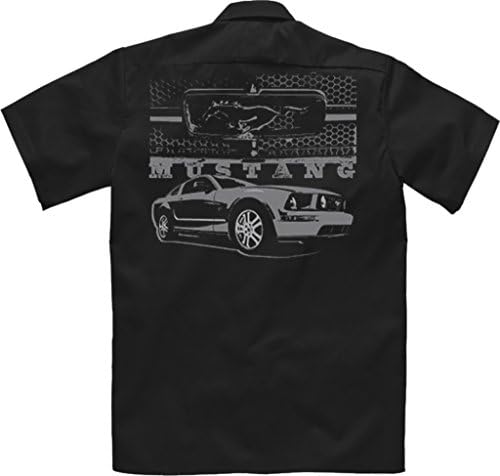 Velocitee Speed Shop Mens Mechanic Garage Work Shirt Genuine Licensed Ford Mustang Muscle Car &amp; Grill A21284 Black XX-Large