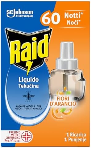 Raid Liquido Elettrico Antizanzare Comuni e Tigre, Ricarica, Fragranza Fiori d'Arancio, 1 Confezione da 1 Ricarica da 36ml, 60 Notti